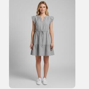 Time and Tru Grey White Seersucker Cotton Blend Flutter Sleeve Dress (M/L) NWOT